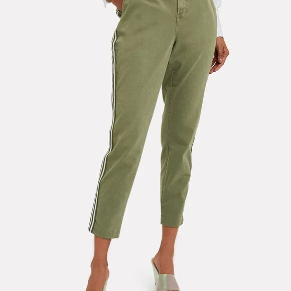 L'Agence Jem Brigade Denim Cropped Trouser Side Stripe Pant, Green - Picture 1 of 13